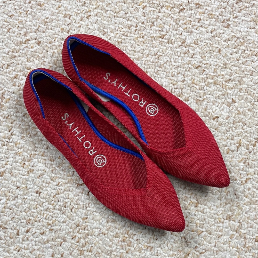 Rothy's Red Pointed Toe Flats with Blue Trim
